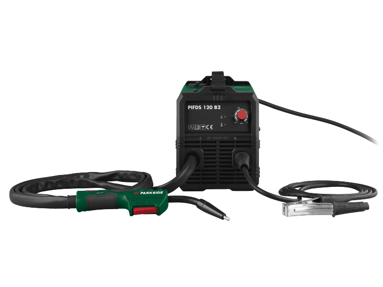 Welding machine with torch and earth clamp, model PIFDS 120 B2.
