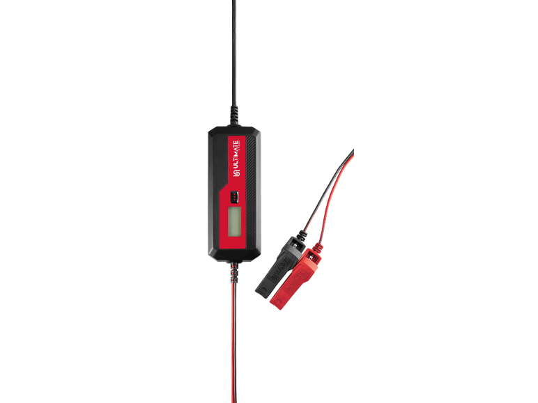Black and red car charger with an LCD screen and battery clamps.