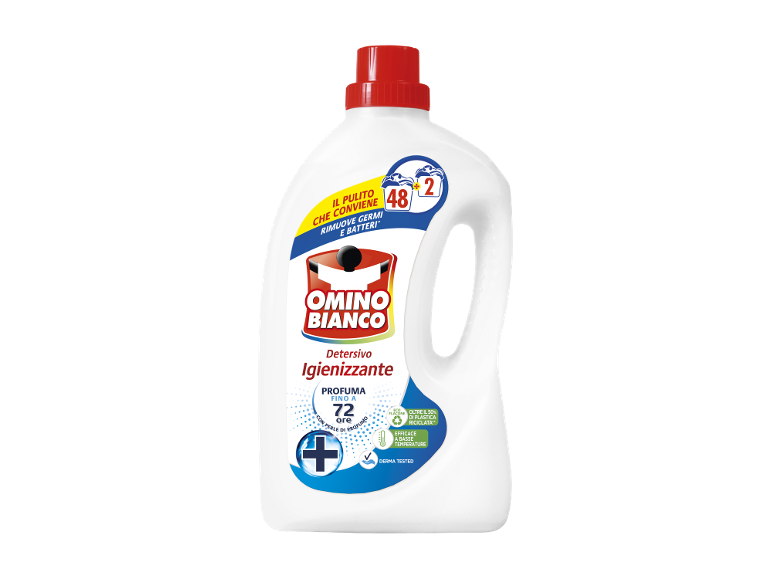 Bottle of sanitizing laundry detergent, fragrancing up to 72 hours, effective at low temperatures.