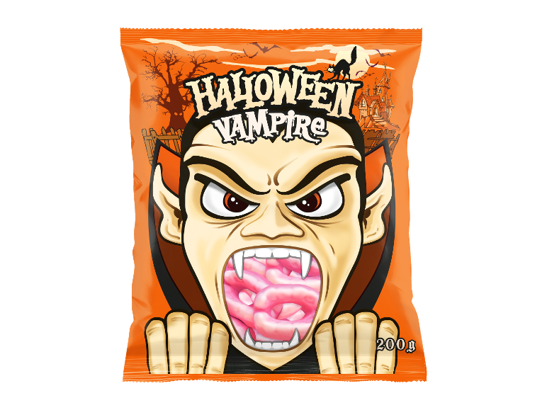Halloween Dracula Vampirgebiss 200g candy bag with a vampire illustration.