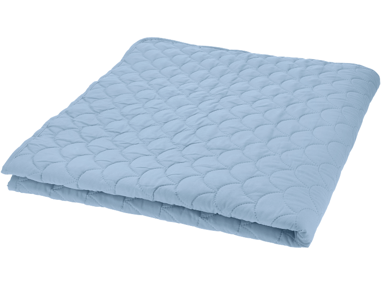 Folded light blue blanket or duvet with a quilted scale pattern.