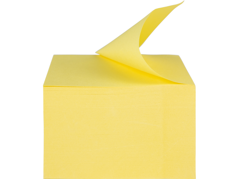 Stack of yellow sticky notes with one curled note on top.