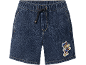 Dark blue denim shorts for children with an elastic waistband and a dog patch.