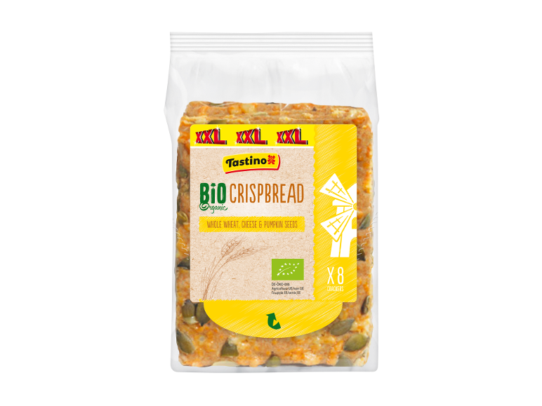 Organic crispbread with whole wheat, cheese, and pumpkin seeds, 8 crackers.