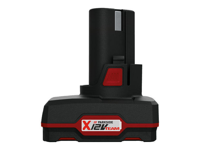 Black and red power tool battery pack with '12V TEAM' text.