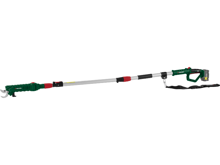Telescopic pruning shears with a long handle and shoulder strap.