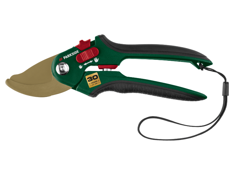 Green garden secateurs with golden blades and black handles, featuring '30 YEARS'.