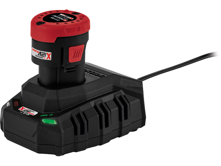A 2.0 Ah 12 V rechargeable battery charging in its charger.