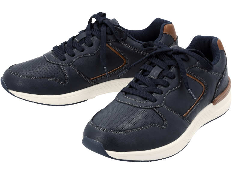Pair of navy blue sneakers with brown accents and white soles.