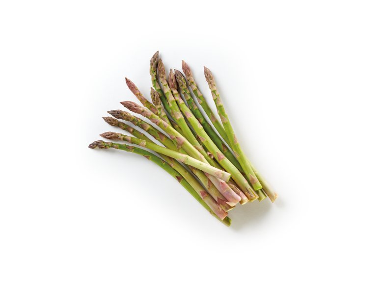 Bunch of fresh green asparagus on a white background.