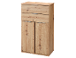 Wooden chest of drawers with three pull-out drawers and two doors.