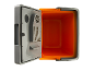 Open portable cooler with an orange interior and gray details.