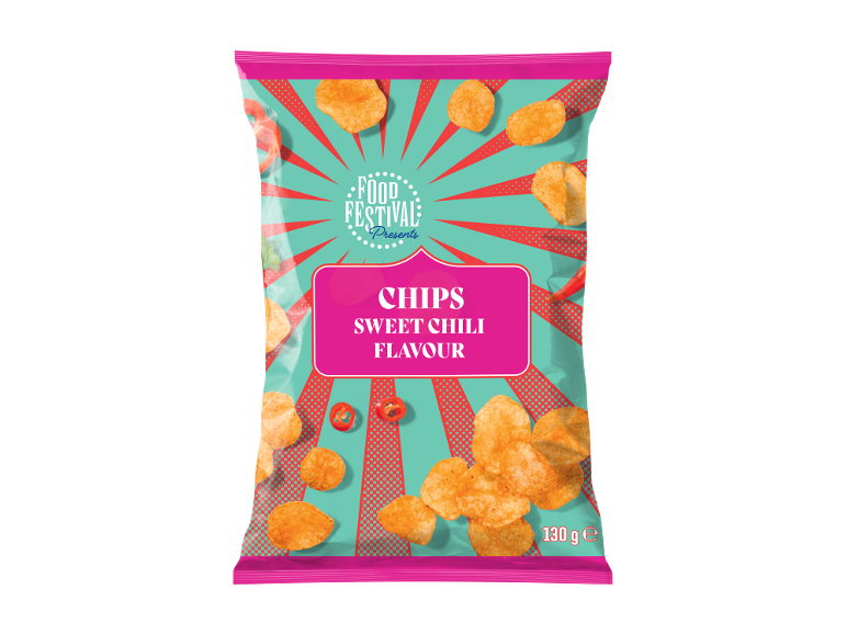 Packet of sweet chili flavour chips with scattered chips and red chili peppers.