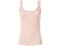 Pale pink ribbed camisole with lace details at the neckline and shoulders.