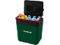 Portable cooler with apples, oranges, lemon, cans, and water bottles.