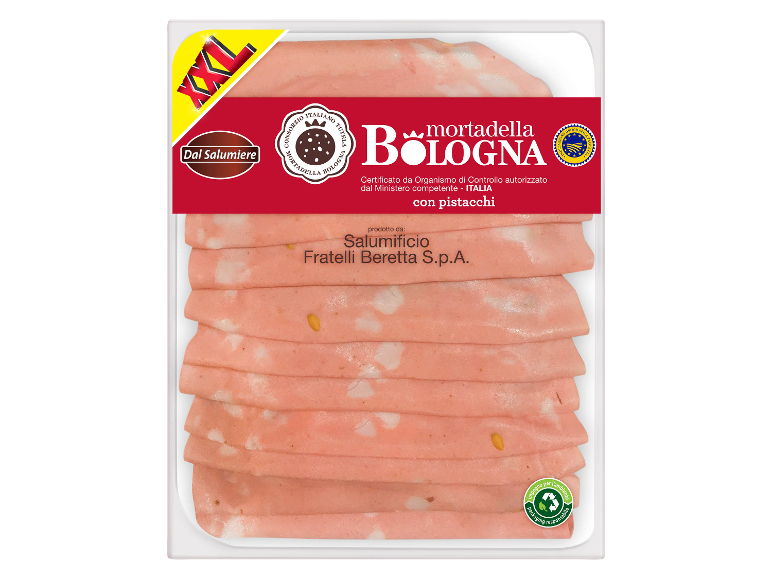 Packaging of sliced mortadella with pistachios, XXL size.