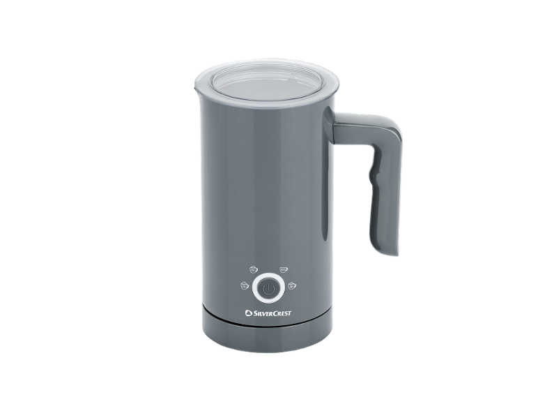 Gray electric milk frother with a transparent lid and control buttons.