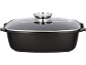 Black rectangular roasting pan with a glass lid and metal handle.