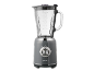 Grey blender with a glass jug, control knob, and measuring scale.