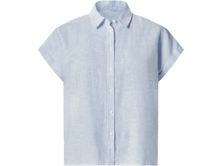 Women's short-sleeved linen shirt with blue and white stripes