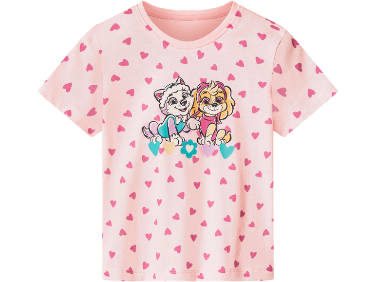 Pink short-sleeved T-shirt with heart pattern and two cartoon puppies.