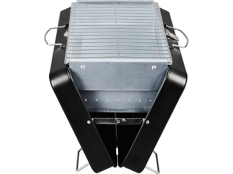 Portable charcoal grill with a black body and chrome-plated grate.