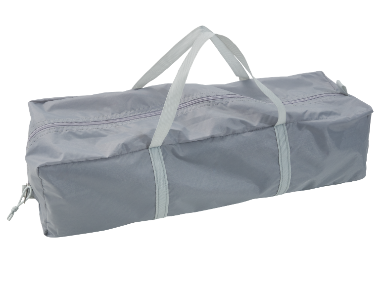 Gray foldable carry bag with zipper and handles.