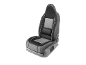 Car seat with black and grey cover, featuring a lumbar cushion.