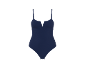 Navy blue one-piece swimsuit with a V-neck and thin straps