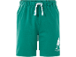 Green pajama shorts with white drawstring with repeated text and man's silhouette.