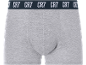 Grey boxers with dark elastic waistband and repeated text.