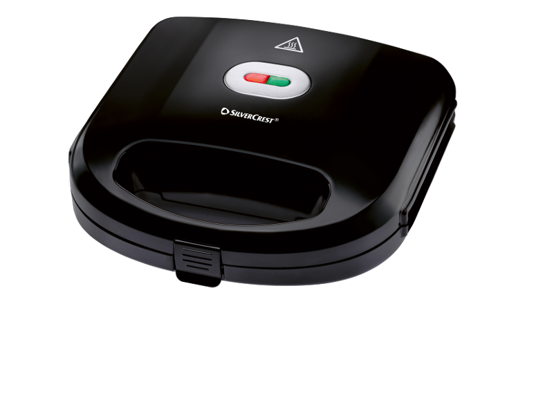 Black sandwich maker with power and ready indicators.