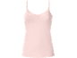 Pale pink camisole with thin straps and a lace V-neckline.