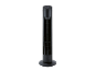 Black tower fan with a top control panel and a round base.