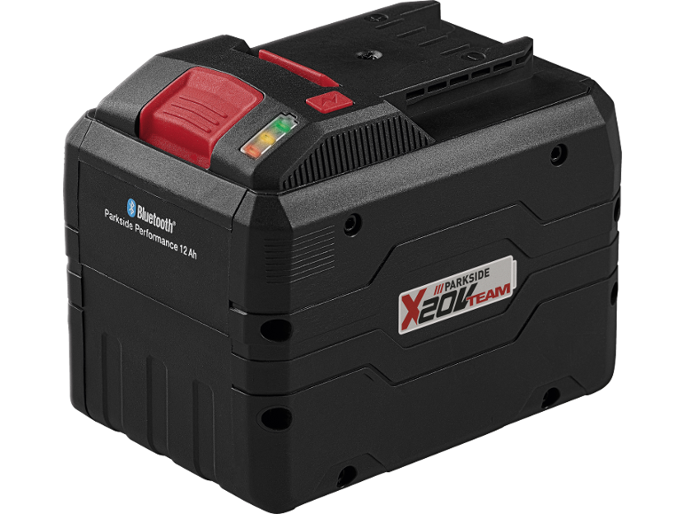Black power tool battery with a red button, charge indicator, and X20V Team logo.