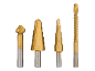 Assortment of golden drill bits: countersink, step drills, and a spiral drill bit.