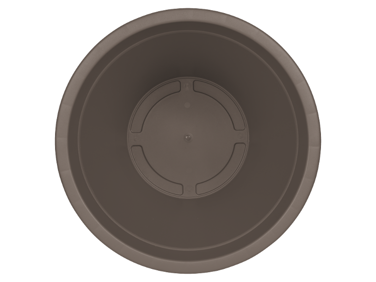 Round brown plastic plant pot, top view.