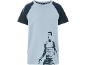 Light blue and dark grey short-sleeved t-shirt with a graphic print of a male figure.