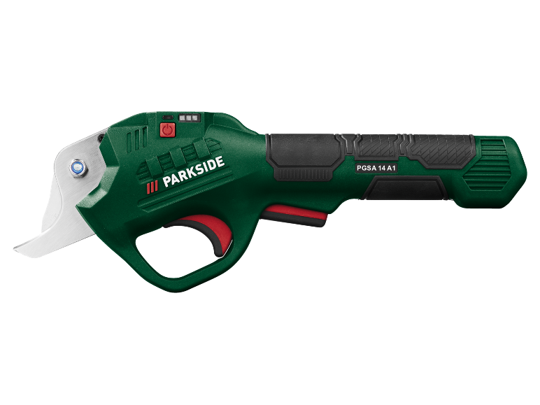 Green electric pruning shears with metal blades and an ergonomic grip.