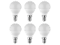Six white E14 screw-in LED light bulbs on a black background.