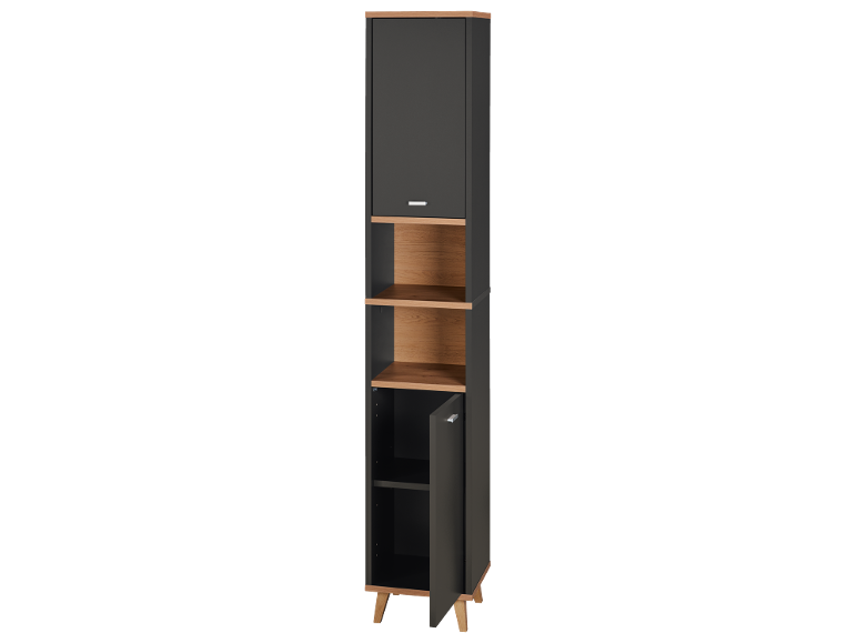 Dark grey tall cabinet with doors and open light wood shelves, on wooden legs.