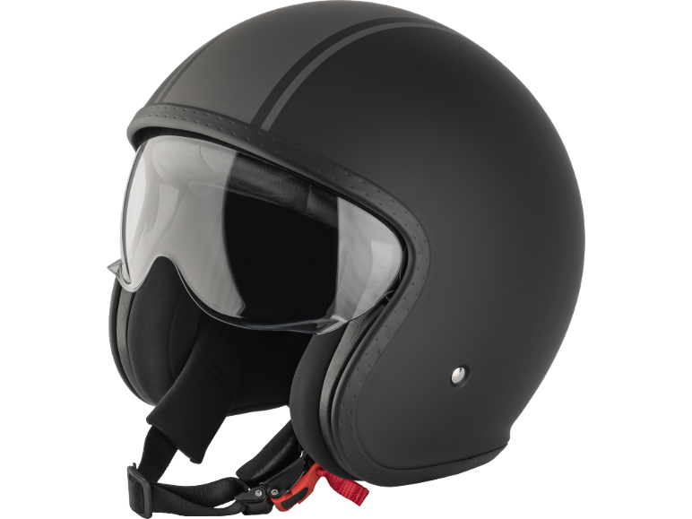 Black motorcycle helmet with a visor and grey stripes.