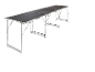 Three interconnected folding tables with black tops and silver frames, extending to the right.