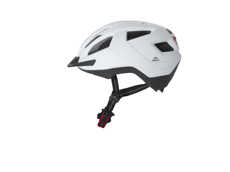 White bicycle helmet with a black visor and strap.