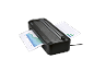 Black laminator with two documents featuring charts, one entering and one exiting.