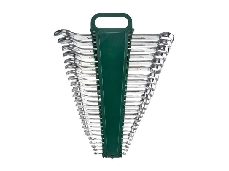 Set of combination wrenches of various sizes in a green holder.