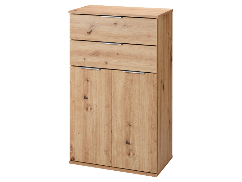 Wooden chest of drawers with three pull-out drawers and two doors.