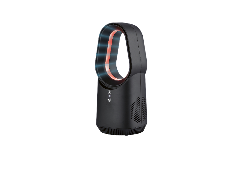 Black bladeless fan with red and blue light accents, featuring power and light controls.
