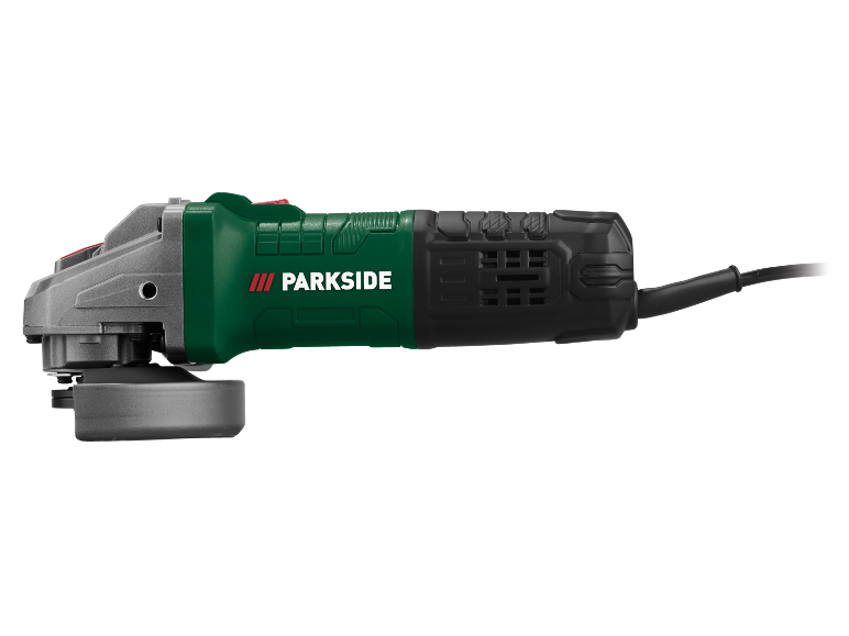 A green and black angle grinder with a power cord.