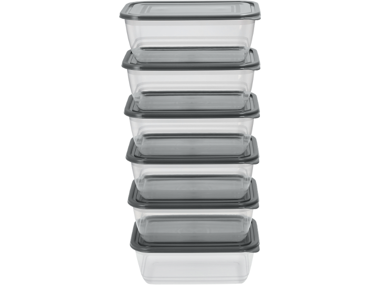 Stack of clear plastic food storage containers with gray lids.
